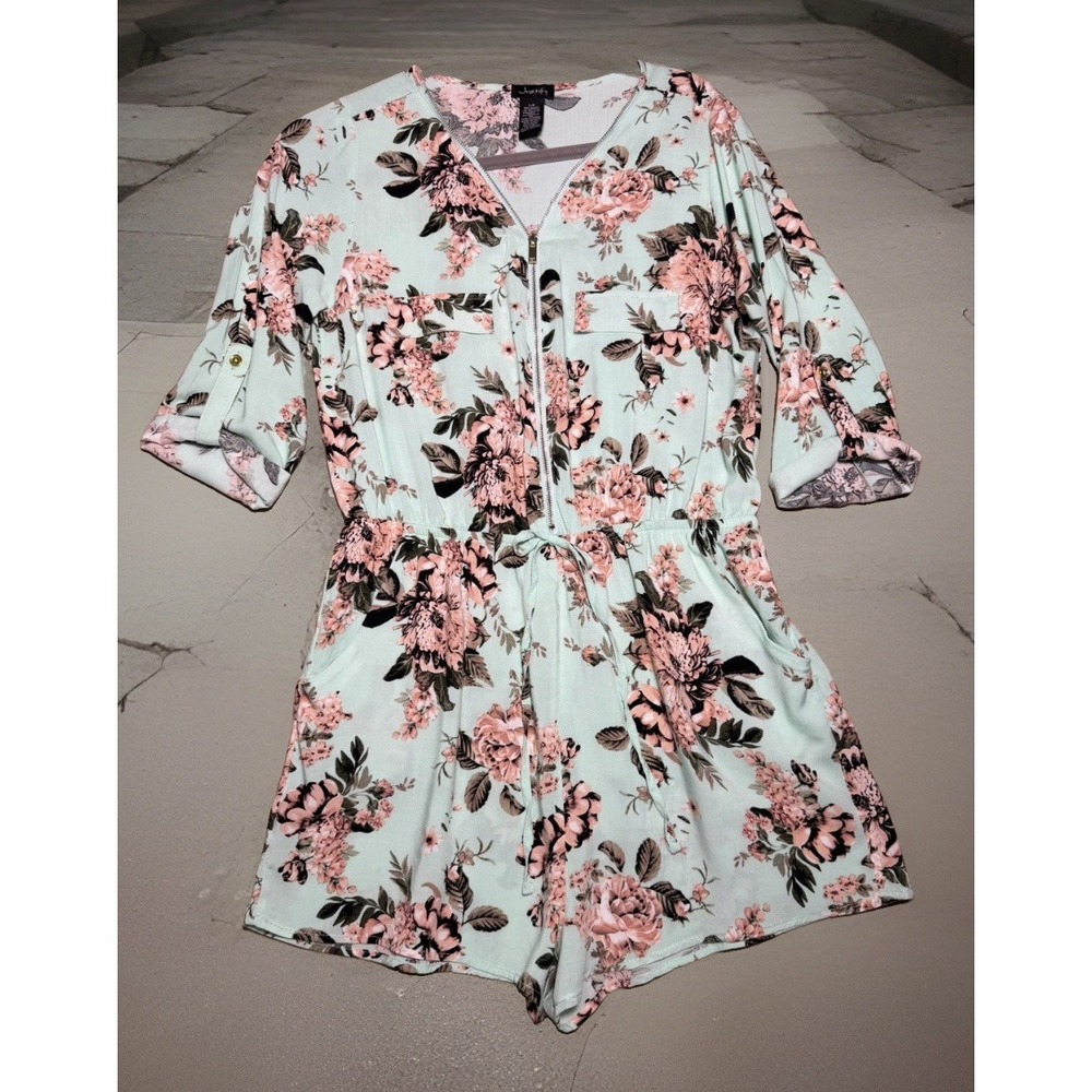 Justify Women's Floral Romper V-Neck Long Sleeve Zip Front Mint Green Size Large
